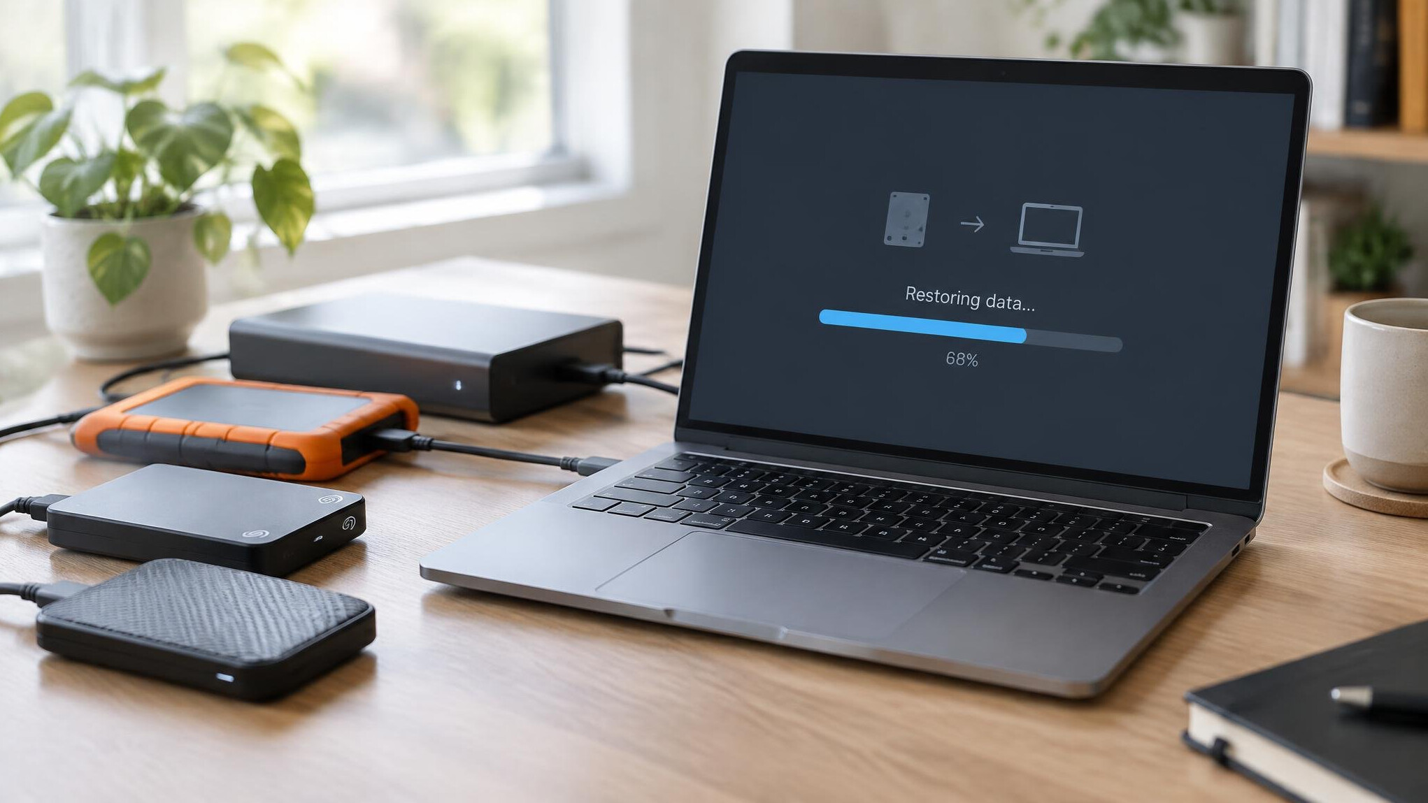 External hard drives and storage devices on a desk