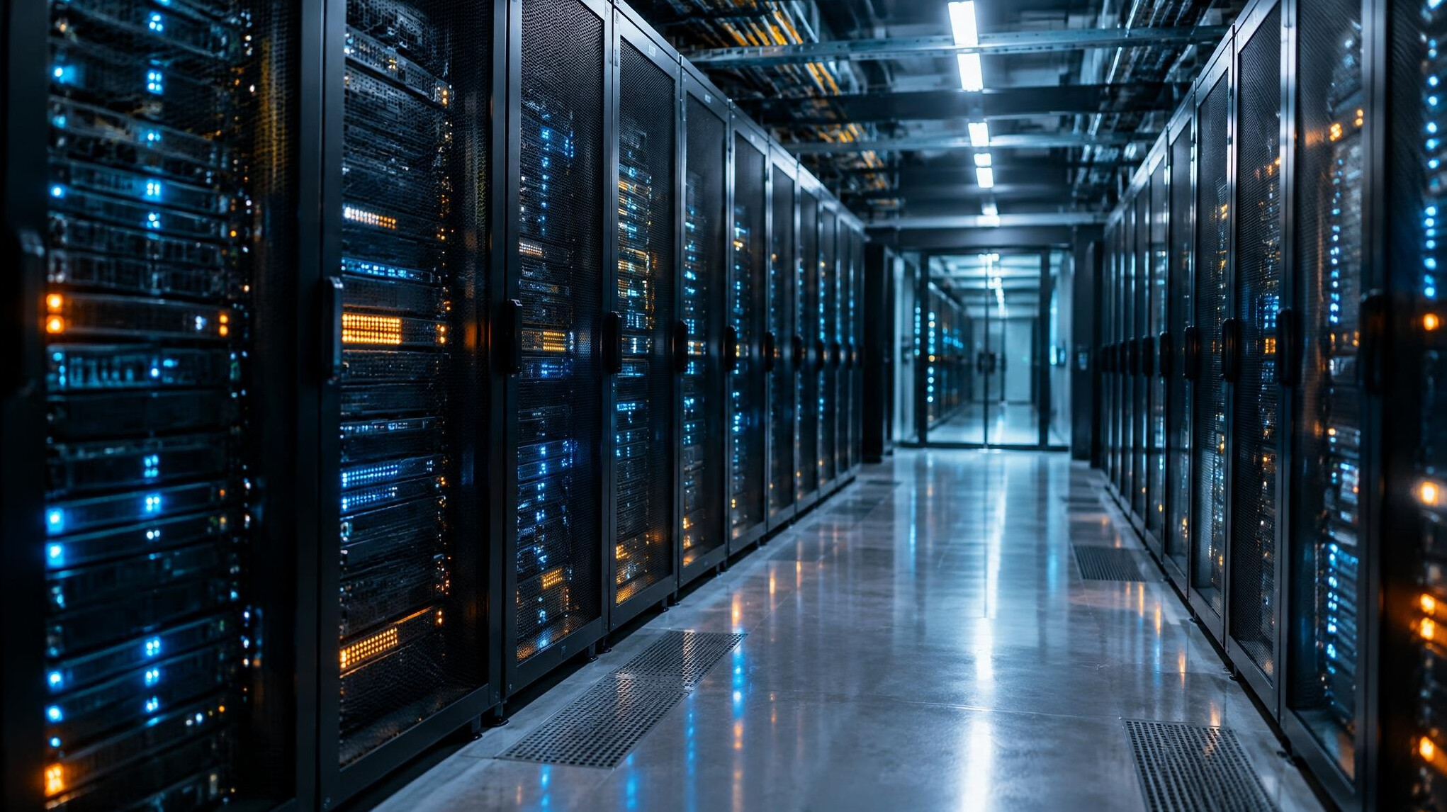 Modern data center corridor with server racks and blue lights