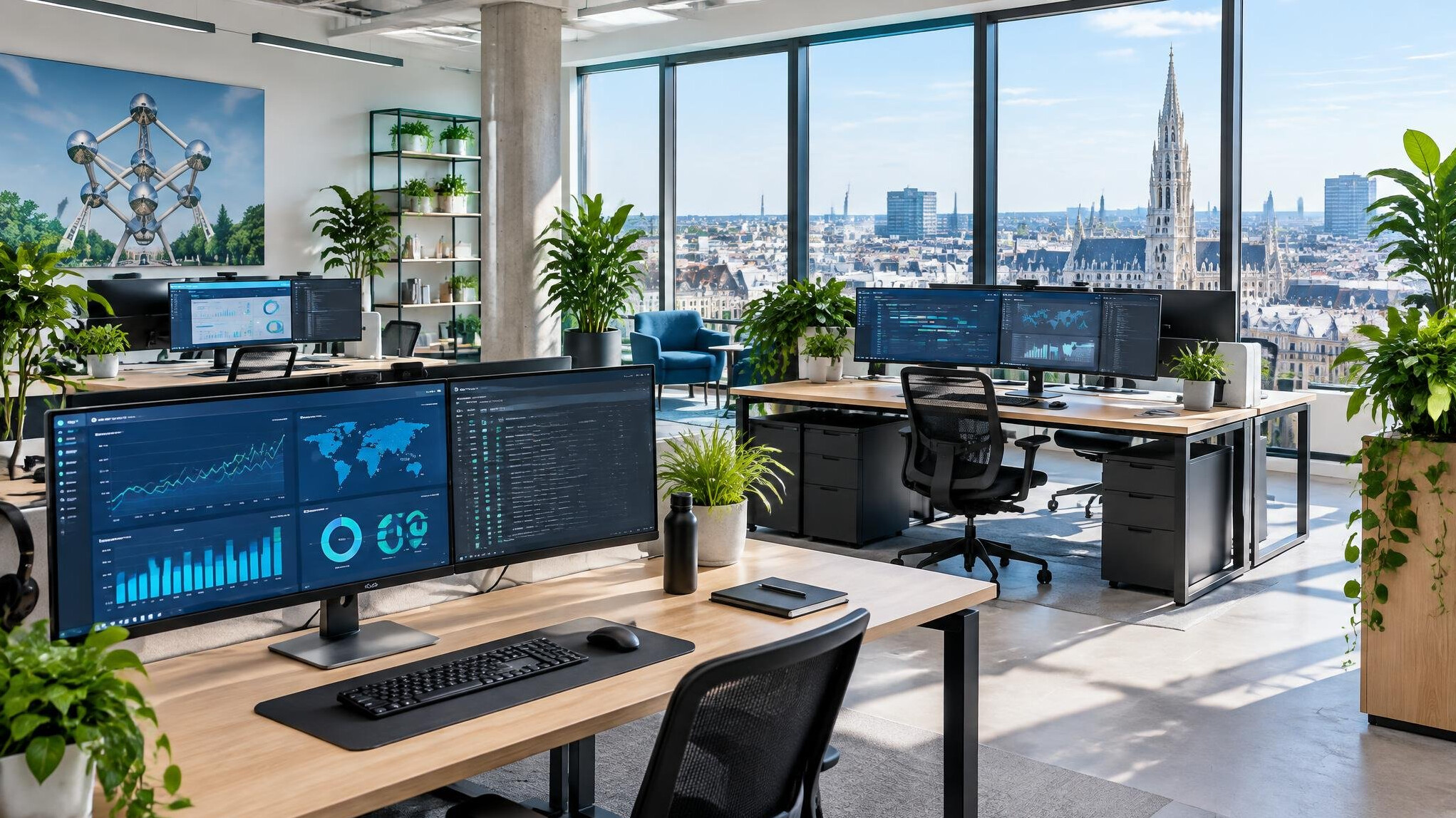 Bright modern open space office with desks and computers