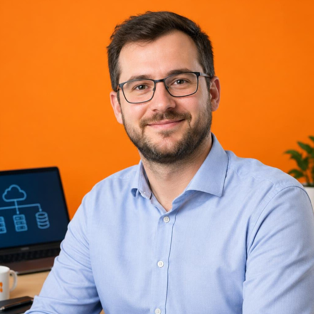 Bearded man with glasses smiling in front of an orange background
