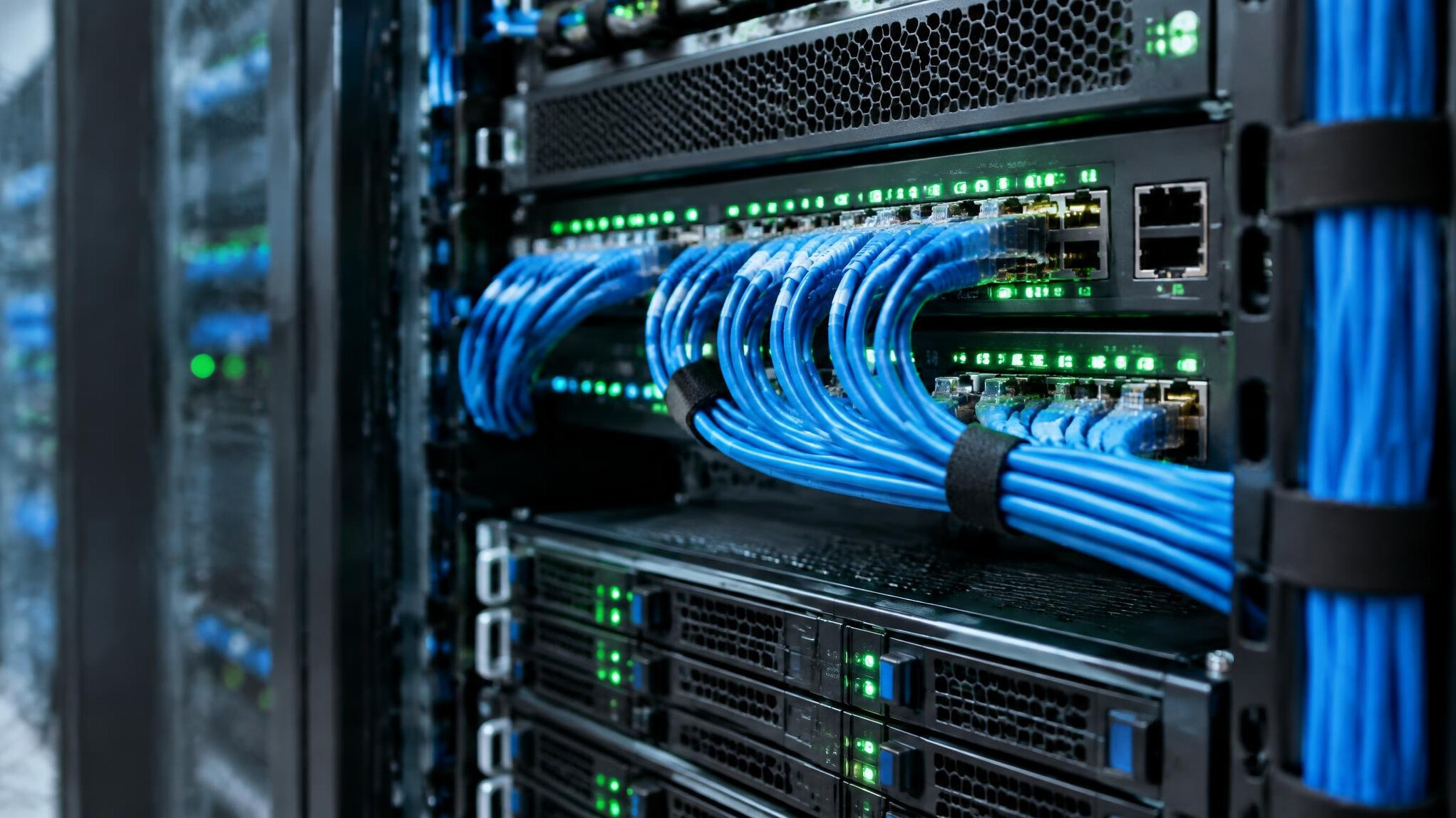 Close up of server hardware with network cables